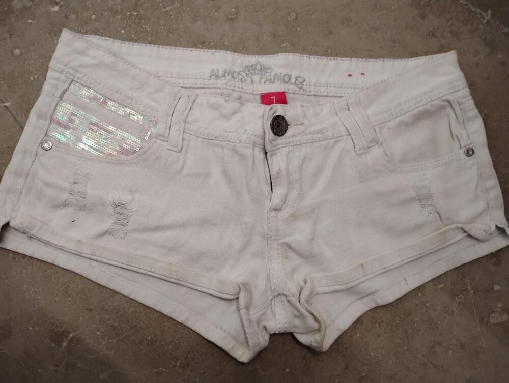 Size 7 Almost Famous Junior's Sequin Pocket White Micro Tiny Chino Short Shorts